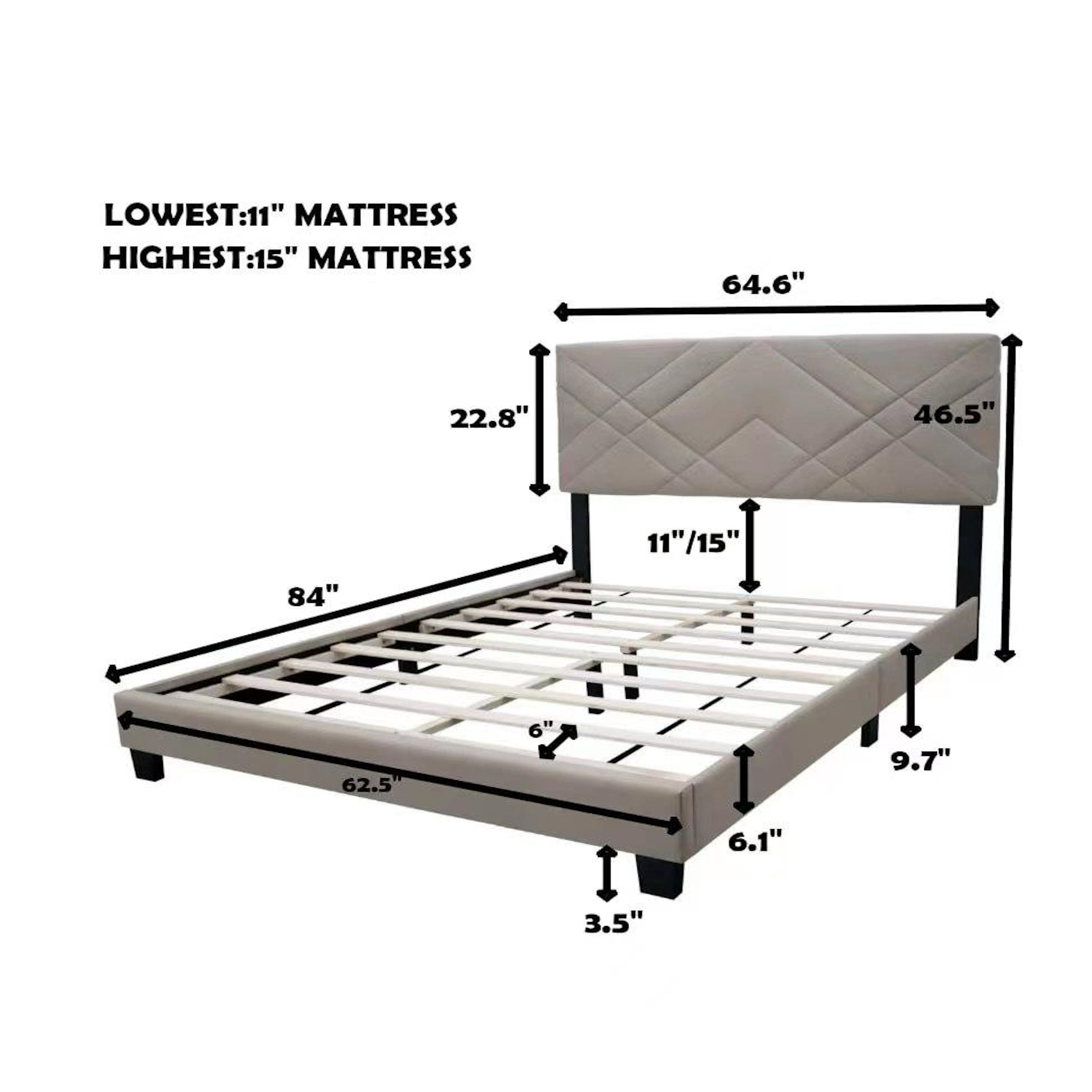 Euroco Upholstered Queen Size Platform Bed, Adjustable Headboard, Beige