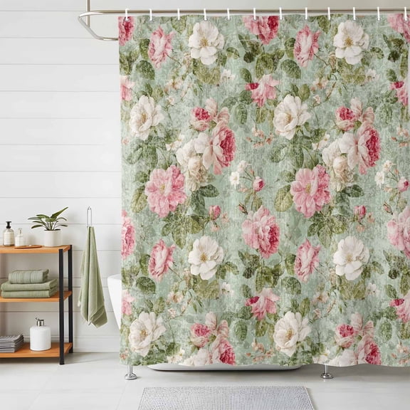Shower Curtain Watercolor Camellia Shower Curtains for Bathroom Decor, Waterproof Polyester Shower Curtain Set with Hooks, Extra Long 72" x 78" Spring Vintage Floral Green