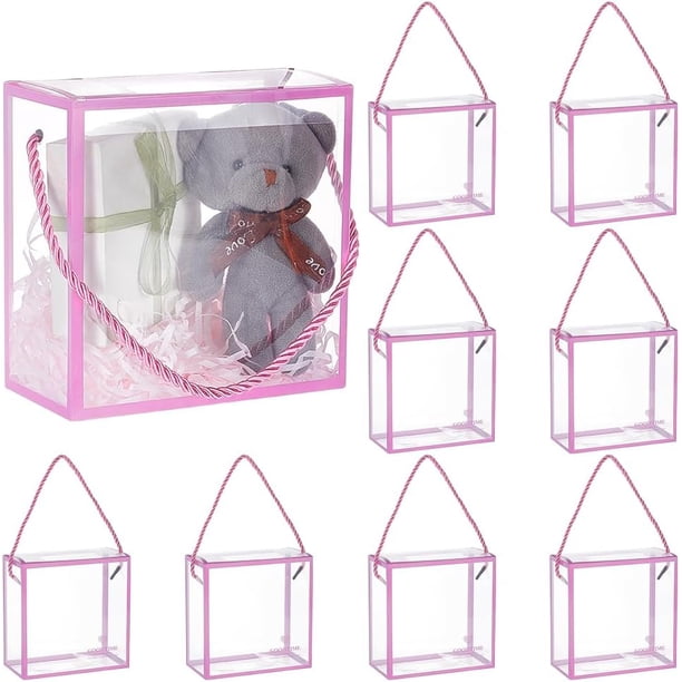 10 cajas de regalo transparentes de PVC de 5,5 x 5,5 x 2,8 pulgadas con borde rosa de encaje y asa para bodas, fiestas, Navidad y cumpleaños.