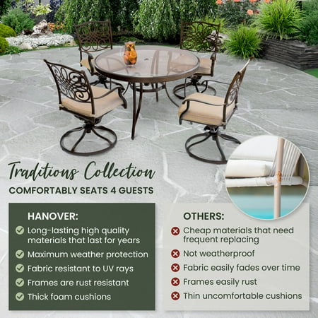 Hanover Traditions 5-Piece Dining Set in Tan with 47 in. Glass-top Table