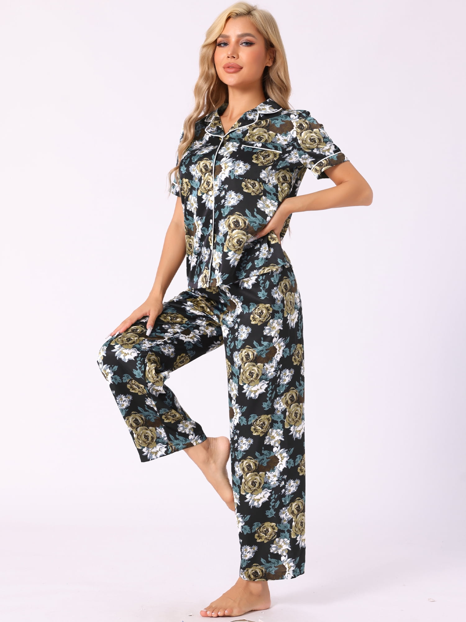DARING DIVA Women's Silk Short Sleeves Floral Satin Pajama Sets XL Black Flowers