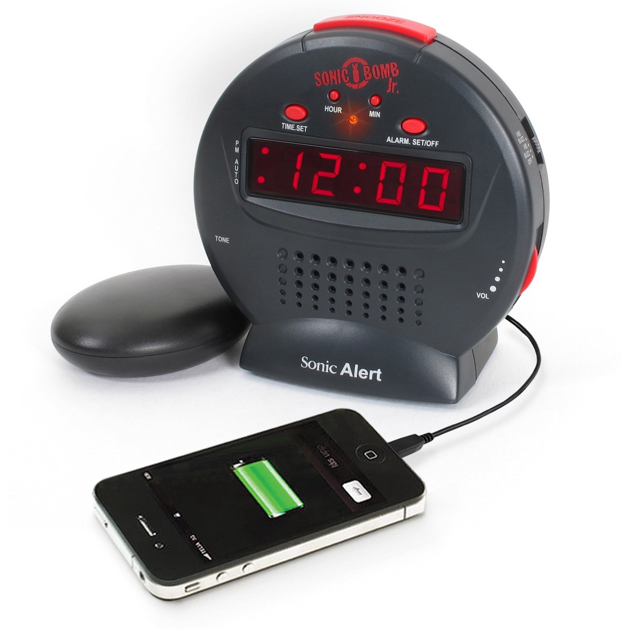 Sonic Alert Grey/Red Sonic Bomb Junior Alarm Clock with Bed Shaker - Vibrating Alarm Clock for Heavy Sleepers