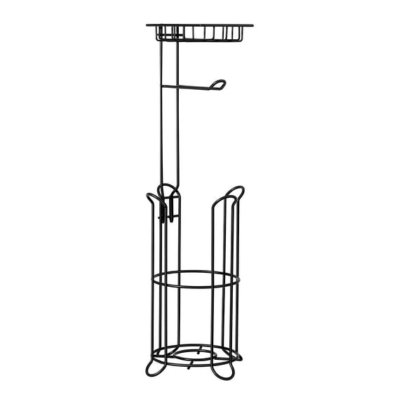VEVOR Free Standing Toilet Paper Holder with Shelf, 3-in-1 Premium Metal Material, Store Up to 4 Mega Rolls, Elevated Base Design, Tissue Roll Storage Rack for Bathroom, Washroom, Matte Black