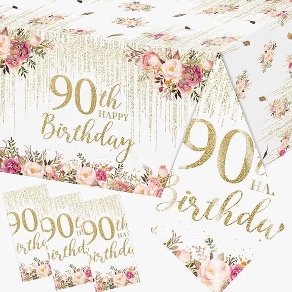 3 Piece 90th Birthday Tablecloths 70.8 x 42.5 Inches Rose Gold Plastic Rectangle Table Covers