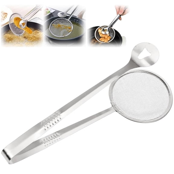 2-in-1 Stainless Steel Food Tongs and Oil Strainer, Fine Mesh Frying Clip Fine Mesh Strainer and Gripping Tong Combine Scooping, Holding, and Draining for Fried Foods and Kitchen Prep
