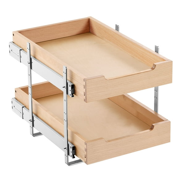 KFFKFF 2 Tier Pull Out Cabinet Organizer, 14"W x 21"D Cabinet Drawer, Soft Close Slide out Shelf, Heavy-Duty Sliding Wood Drawer, Adjustable Base Cabinet Organization for Kitchen Pantry Bathroom