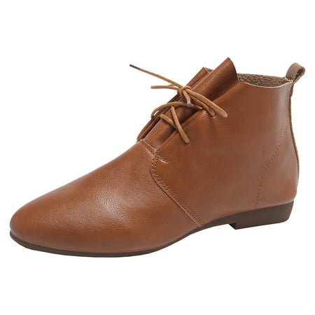 OJSFQUFP Women Ankle Boots Ladies Retro Solid Pointed Toe Flat Lace Up Ankle Boots Western Short Boots Comfortable Fall Shoes Waterproof Boots Women Brown 37