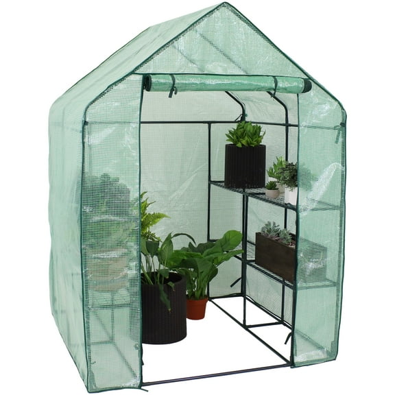Sunnydaze 4.5' x 4.5' x 6.5' Outdoor Portable Walk-In Greenhouse with 4 Shelves, Green Cover