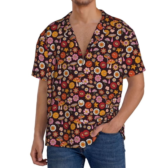 Logiee 70s Groovy Hippie Retro Print Men's Button Down Shirts Short Sleeve, Summer Beach Shirts,Vacation Wedding Shirts,Men's Casual Button-Down Shirts with Pocket-Small