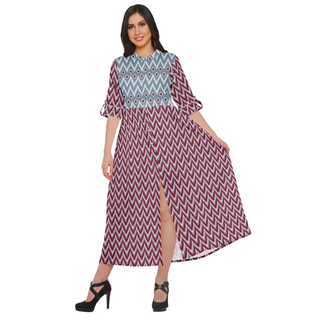 Moomaya Robe Tunique Imprimée à Manches Roulées, Kurti Long avec Fente avant pour Femmes