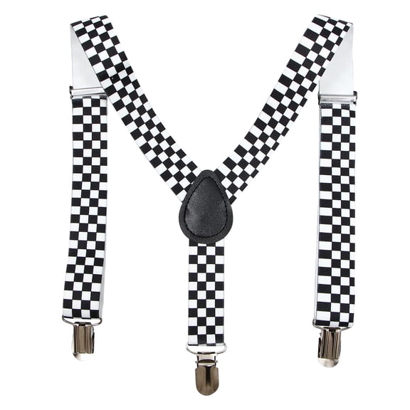 GAXIRE Checkered Clip on Suspender Black White Y Back Style with Stainless Steel Buckle