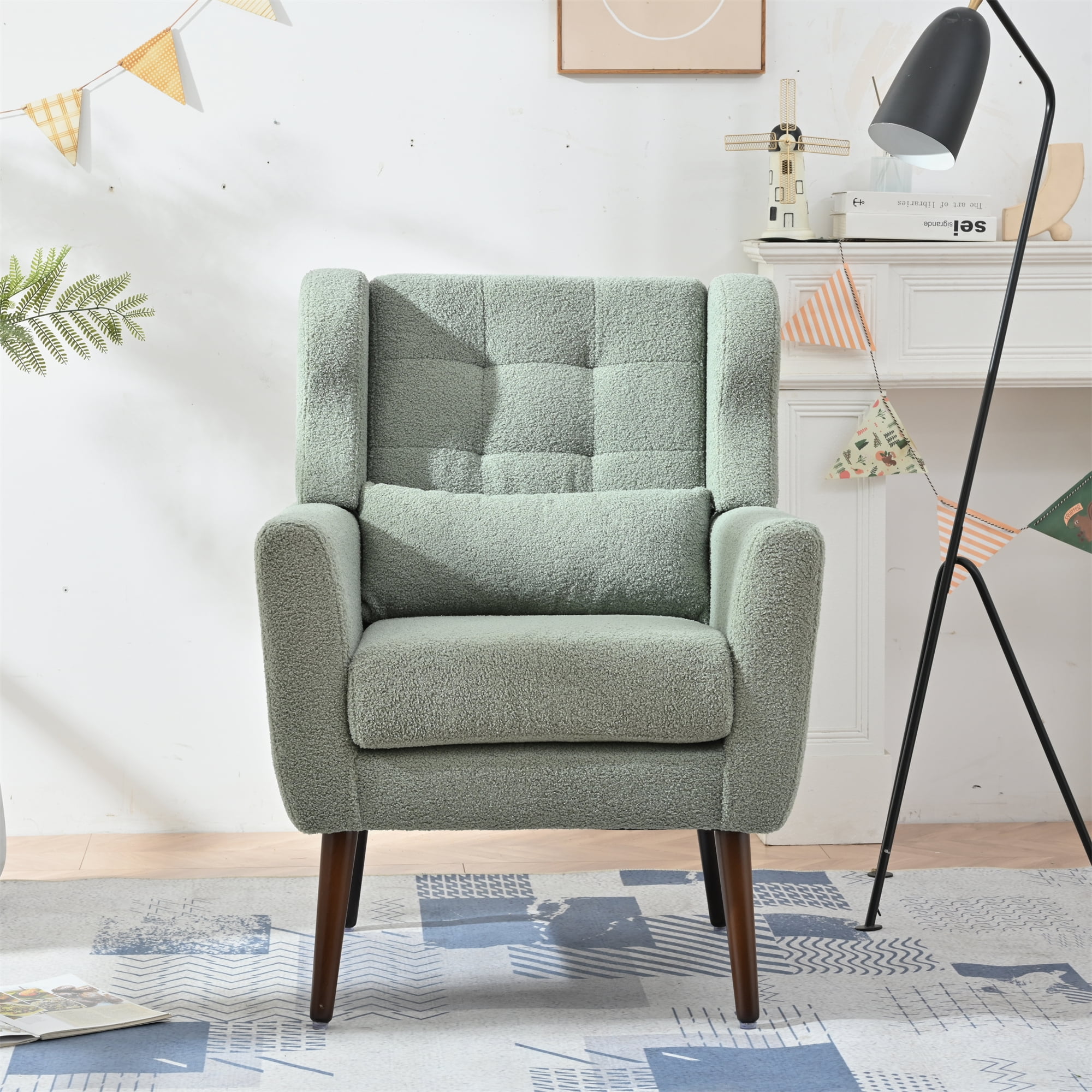 Leumius Modern Accent Chair with Solid Wood Leg, Teddy Armchair with Pillow, Comfy Soft Padded Lounge Chair for Small Space, Bedroom, Living Room Green