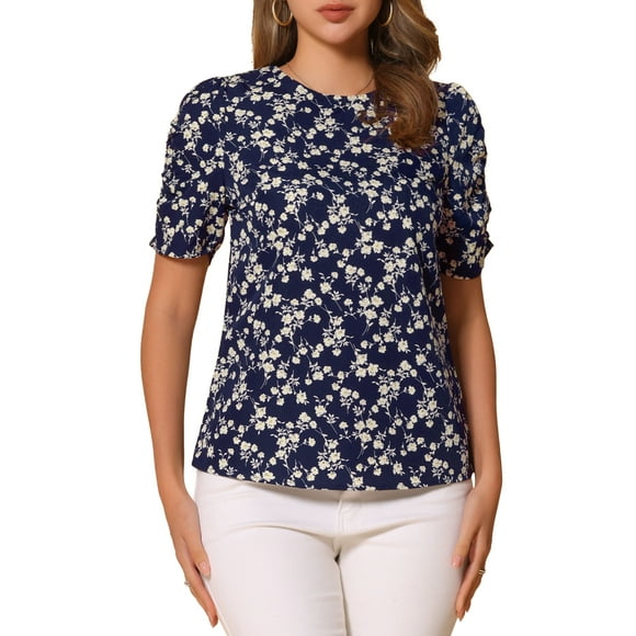 INSPIRAR CHIC Blusas de Mujer con Fruncidos, Cuello Redondo, Manga Corta, Espalda con Abertura, Floral, Talla S, Azul Oscuro y Blanco