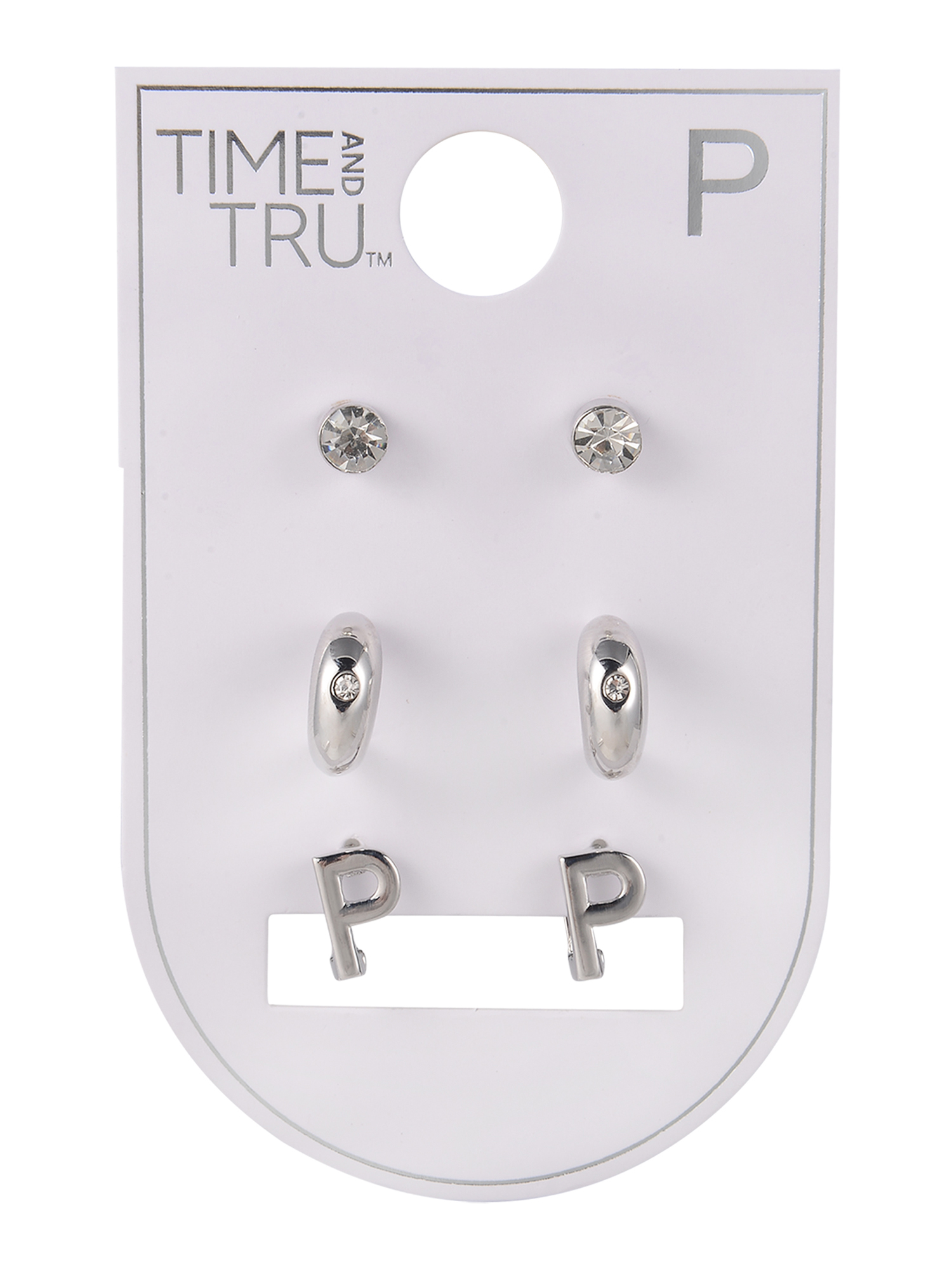 Time and Tru Silvertone 3-On Crystal Stud, Hoop, Initial "P" Earring Set