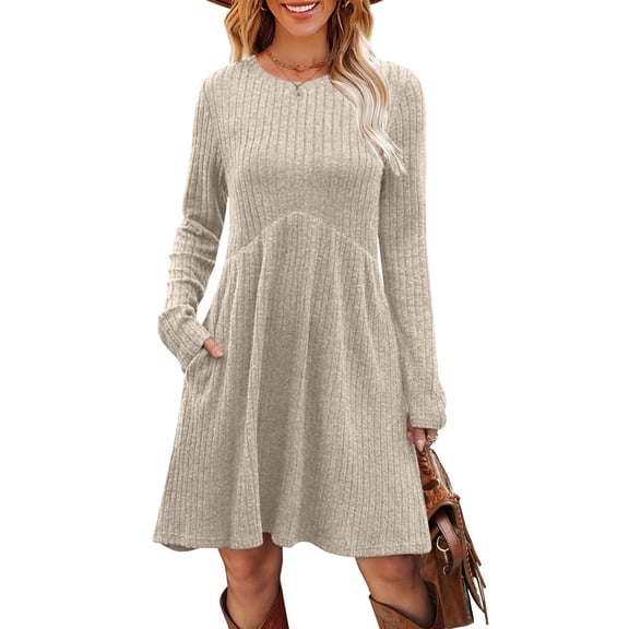 Fall Knit Sweater Dress For Women Crew Neck Knee Length Tunic Dress With Pockets Long Sleeve Ribbed Knit Midi Dress A-Line Dress