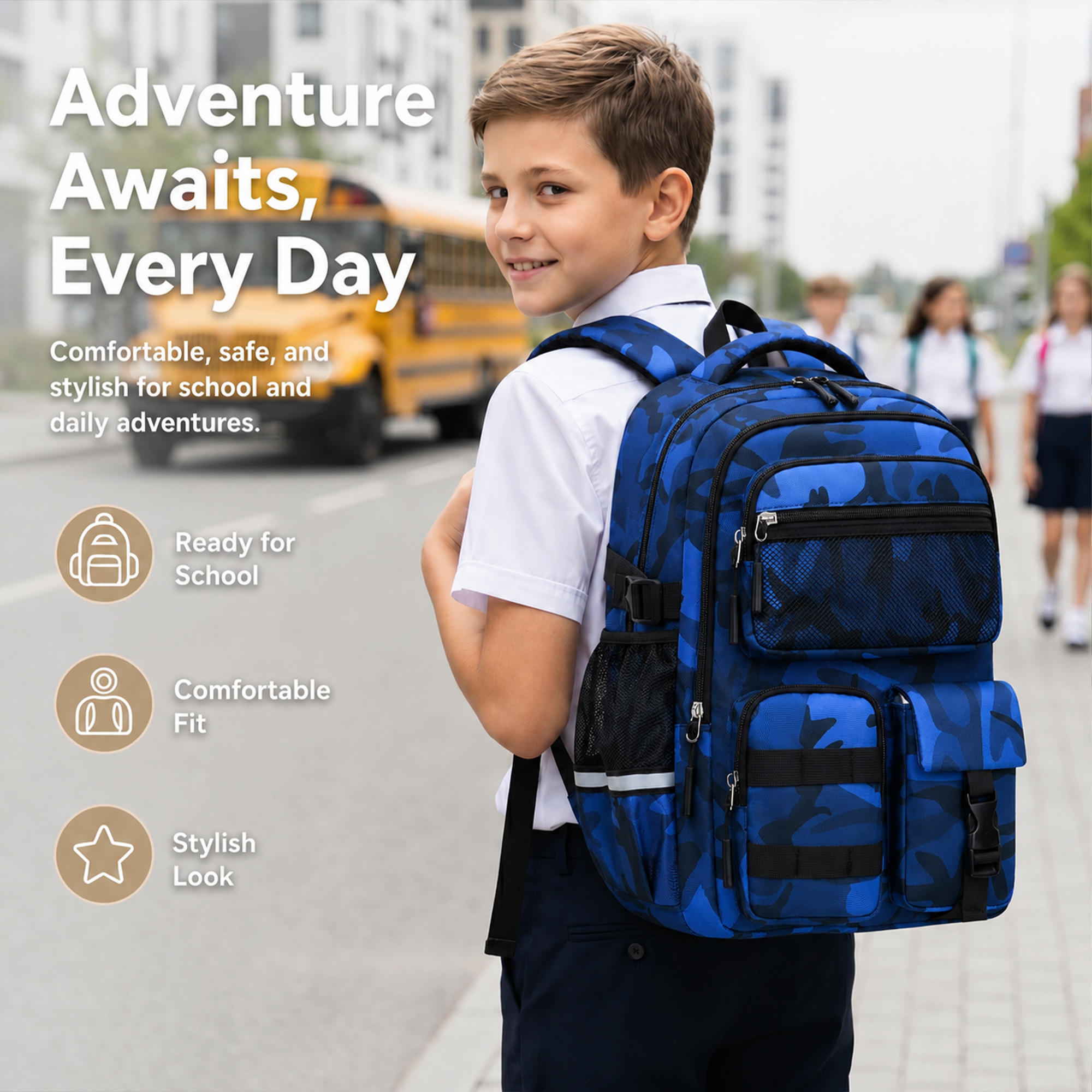 Mochila escolar para niños de 1° a 5° grado, camuflada, repelente al agua, con tiras reflectantes, transpirable, para primaria y secundaria, 22L 2