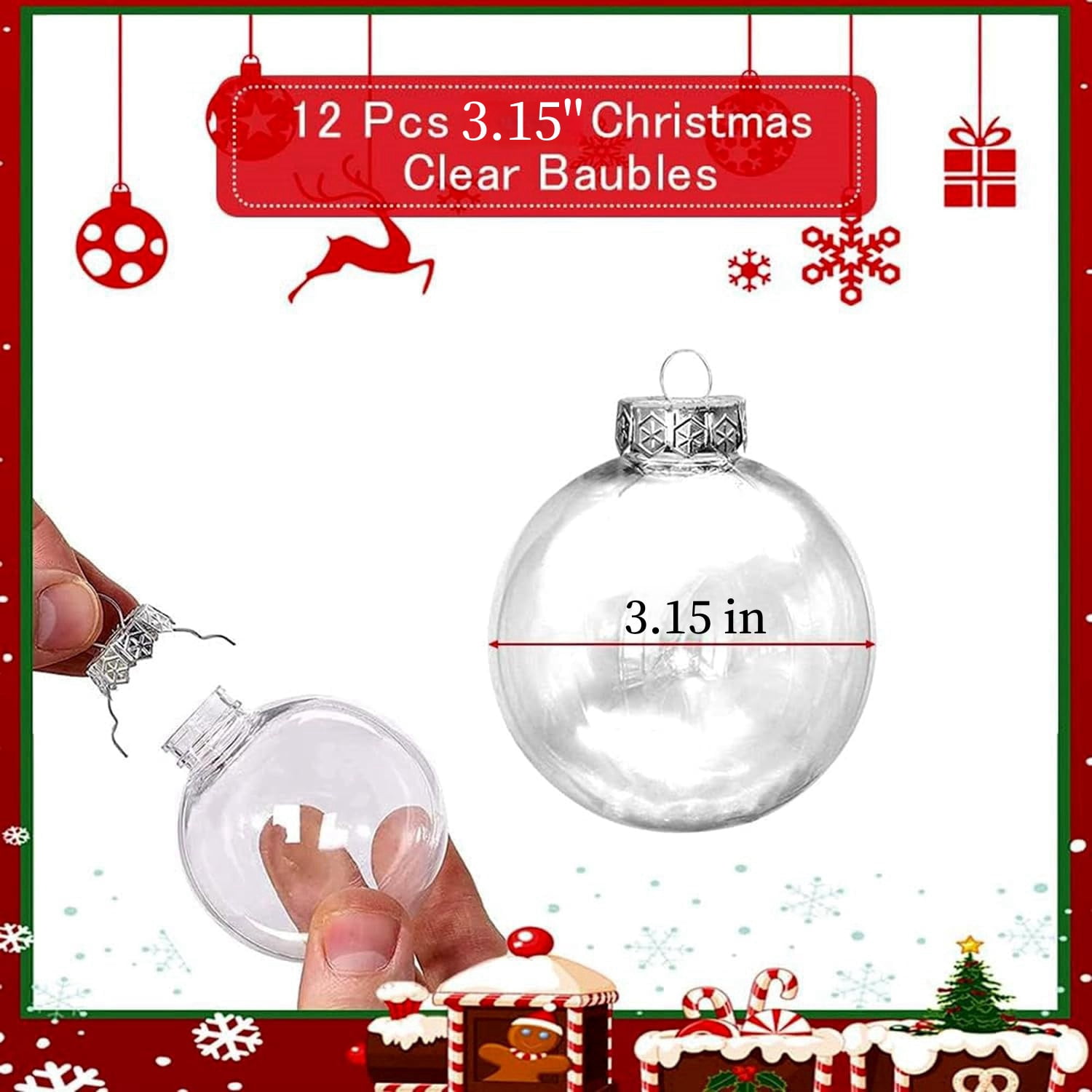 12 Pcs Christmas Ball Ornaments,3.15'' Round Clear Plastic Fillable Bulb DIY Decor Balls,Shatterproof Hanging Ornaments Balls for Craft Xmas Tree Holiday,Wedding,Birthday,Christmas Wreath Decoration