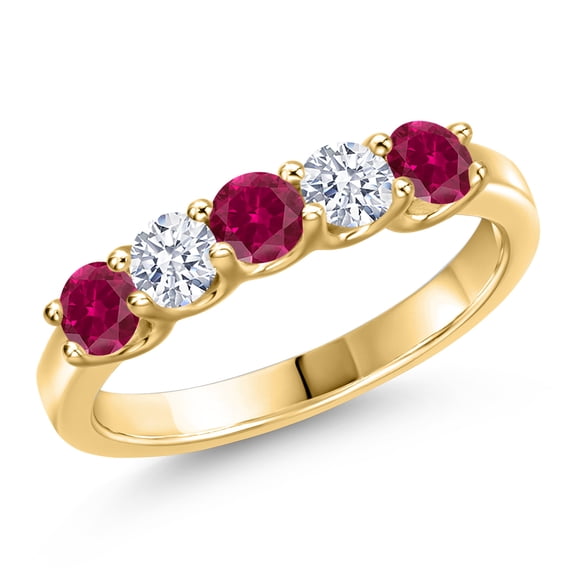 Gem Stone King 10K Yellow Gold Red Created Ruby and White Zirconia Wedding-Bands Ring for Women | 1.40 Cttw | Round 3.5MM | Gemstone July Birthstone | Size 6