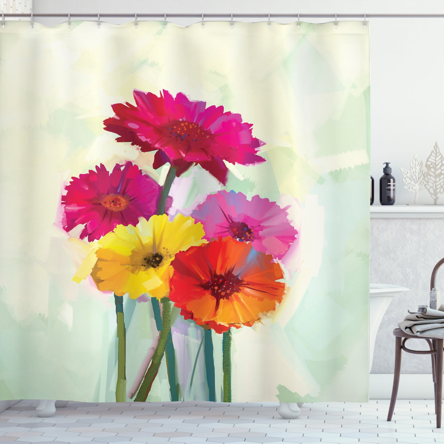 Gerber Daisy Shower Curtain, Posy of Spring Flowers Oil Painting Style