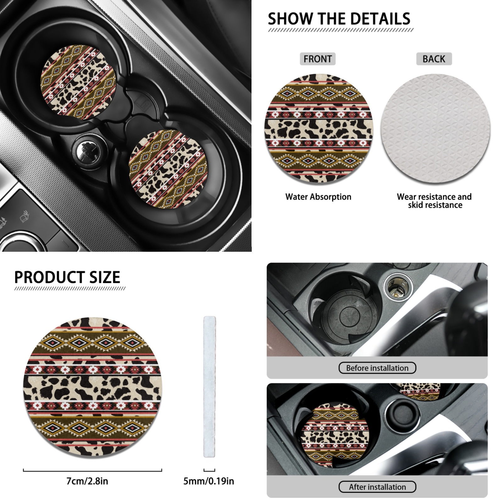 Renewold American Tribal Cow Print Red Beige 12 PCS Car Seat Covers Set for Women, Soft Steering Wheel Cover Seat Belt Pads Armrest Pad Handbrake Cover Gear Shift Cover Coasters Car Decor