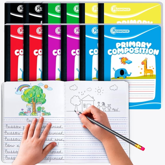 Rosmonde Primary Composition Notebooks 12 Pack, 200 Pages (100 Sheets), Draw & Write Journal for Grades K–2, Hard Cover, Assorted Marble Colors May Repeat, Early Learning Writing Notebook