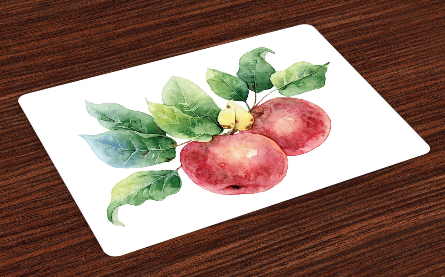 Apple Placemats Set of 4 Watercolor Art Style Branch with Green Leaves