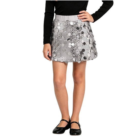 hotojiny Kids Sparkly Sequin Mini Skirt Girls Elastic Waist Glitter Party Skirt with Built-In Shorts Children Dance Outfit(Silver,13-14 Years)