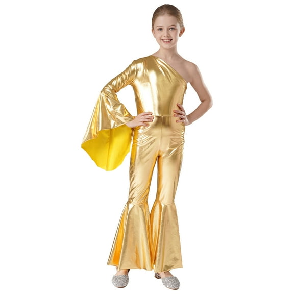 XUNZOO Kids Girls Metallic Party Romper Dress Latin Jazz Dance Bodysuit Bell Bottom Skating Jumpsuit Gold 8