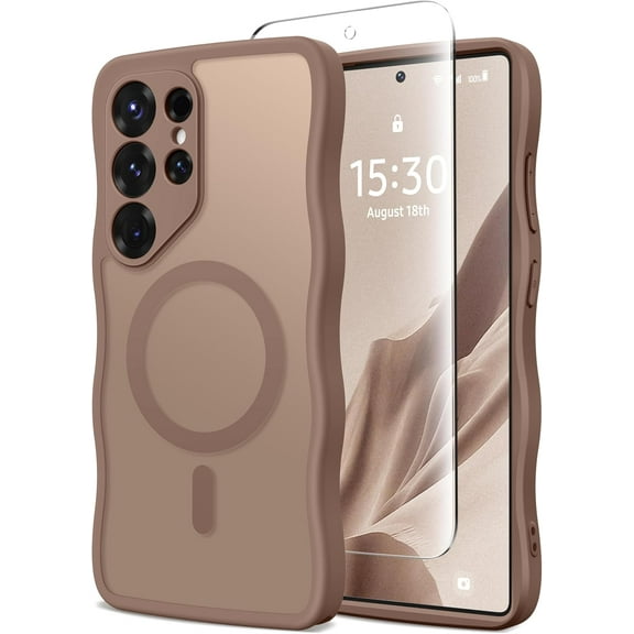 for Samsung Galaxy S25 Ultra Case for Women Girls, Upgraded [Full Camera Protection] [Compatible with MagSafe] Cute Wave Translucent Matte Phone Case for Samsung S25 Ultra, Brown