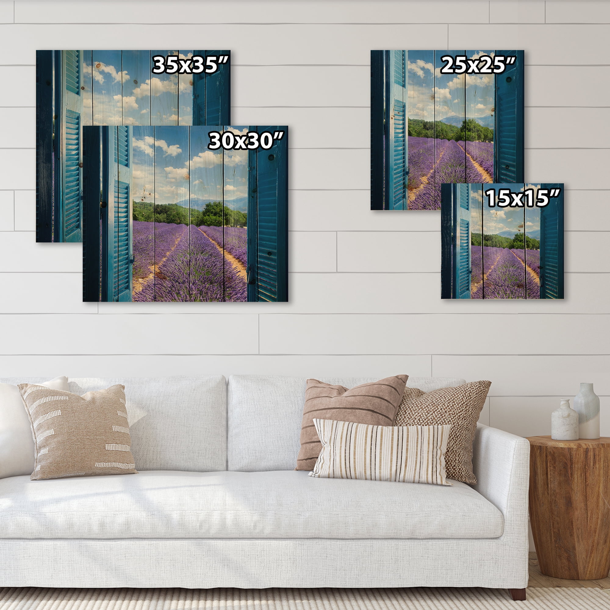 Designart 'View of Lavender Field Through Blue Open Cottage Window' Farmhouse Print on Natural Pine Wood