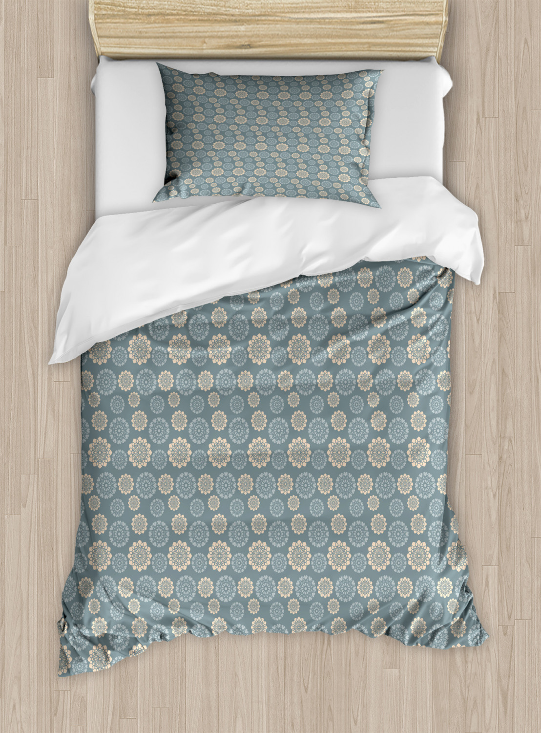 Dusty Blue Duvet Cover Set Twin Size, Repeating Floral Motifs in Pastel