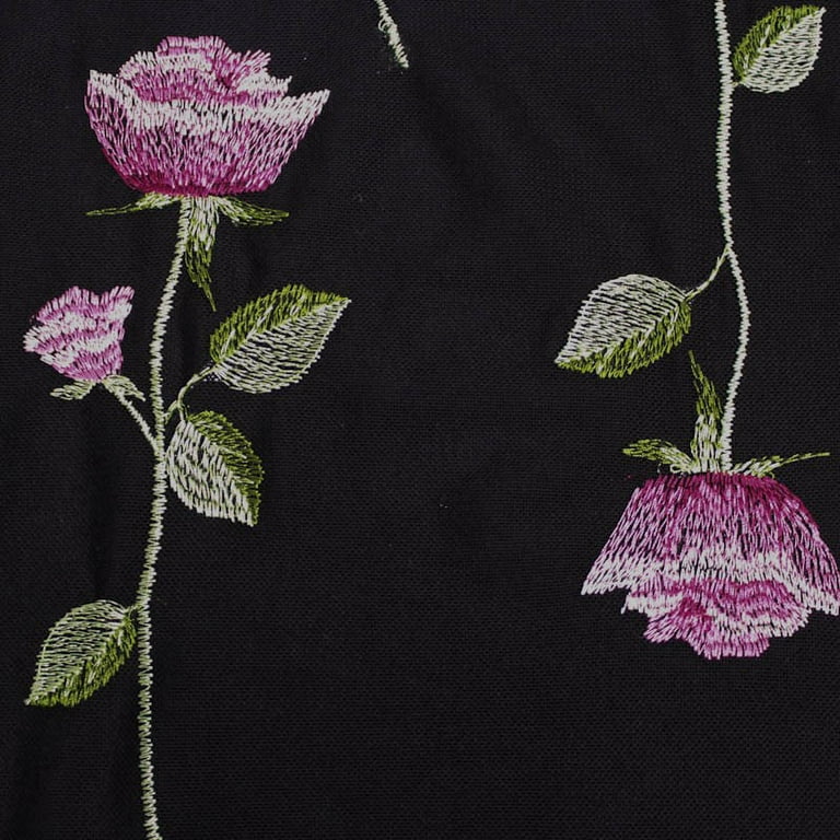 Black and Pink Embroidered Rose Design on Power Mesh Fabric, DIY