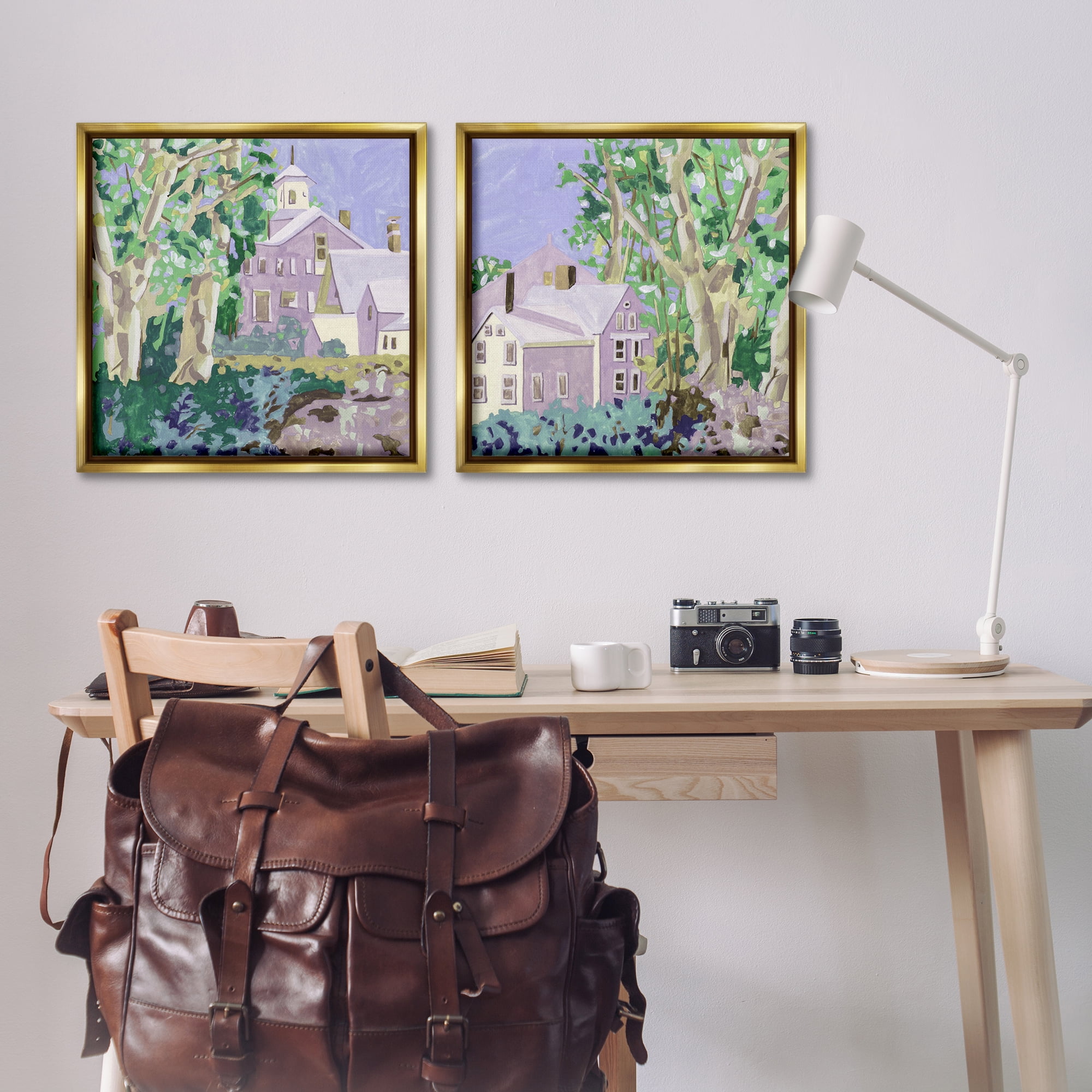 Stupell Industries Quaint Scenic Houses Scenic & Cityscapes Painting Gold Floater Framed Canvas Art Print Wall Art, 25 x 25, Set of 2