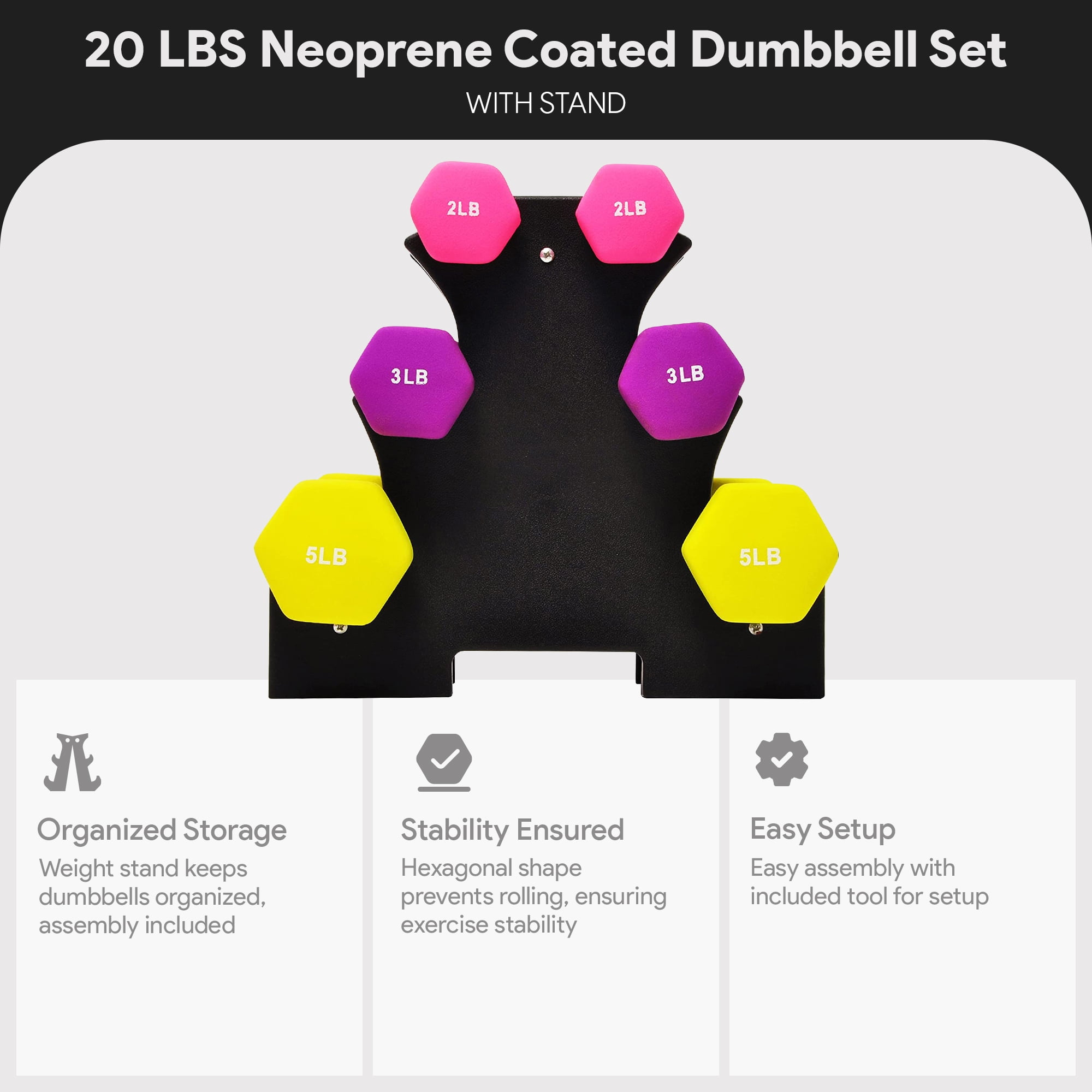 BalanceFrom 20 lb Neoprene Coated Iron Dumbbell Hex Weights Set with Stand, Color-Coded