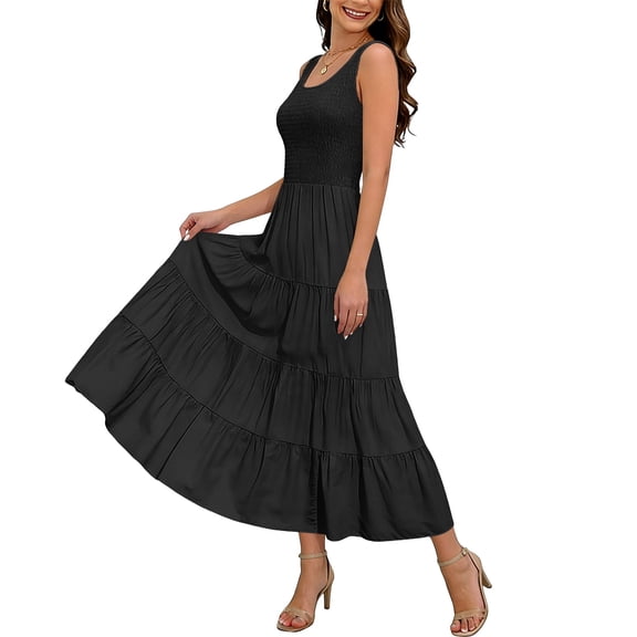 GUACER Maxi Dresses for Women Smocked Sleeveless Tiered Long Summer Dress Casual Flowy A-Line Beach Vacation Boho Outfits