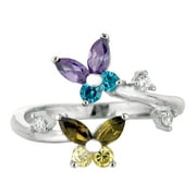 Sterling Silver Butterflies Colored CZ By Pass Style Adjustable Toe Ring