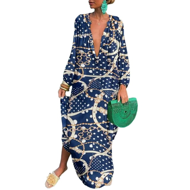 Innerwin Robe Boutonnée Femme Robes Maxi Automne Manches Longues Ample Bleu Marine TG
