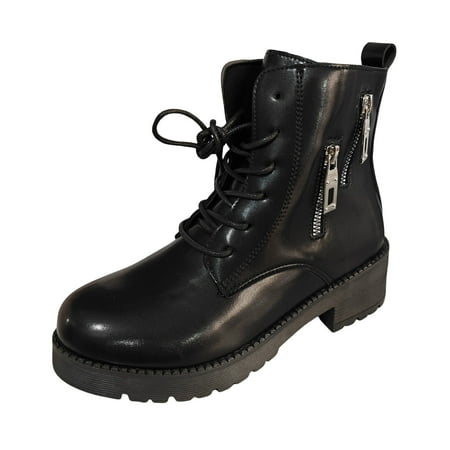 YHGFVOKJ Boots for Women Retro Fashion Solid Leather Lace Up Tie Knot Low Heel Thick Heel Double Zipper Pointed Toe Short Boots Shoes Dress Shoes for Women Black 41
