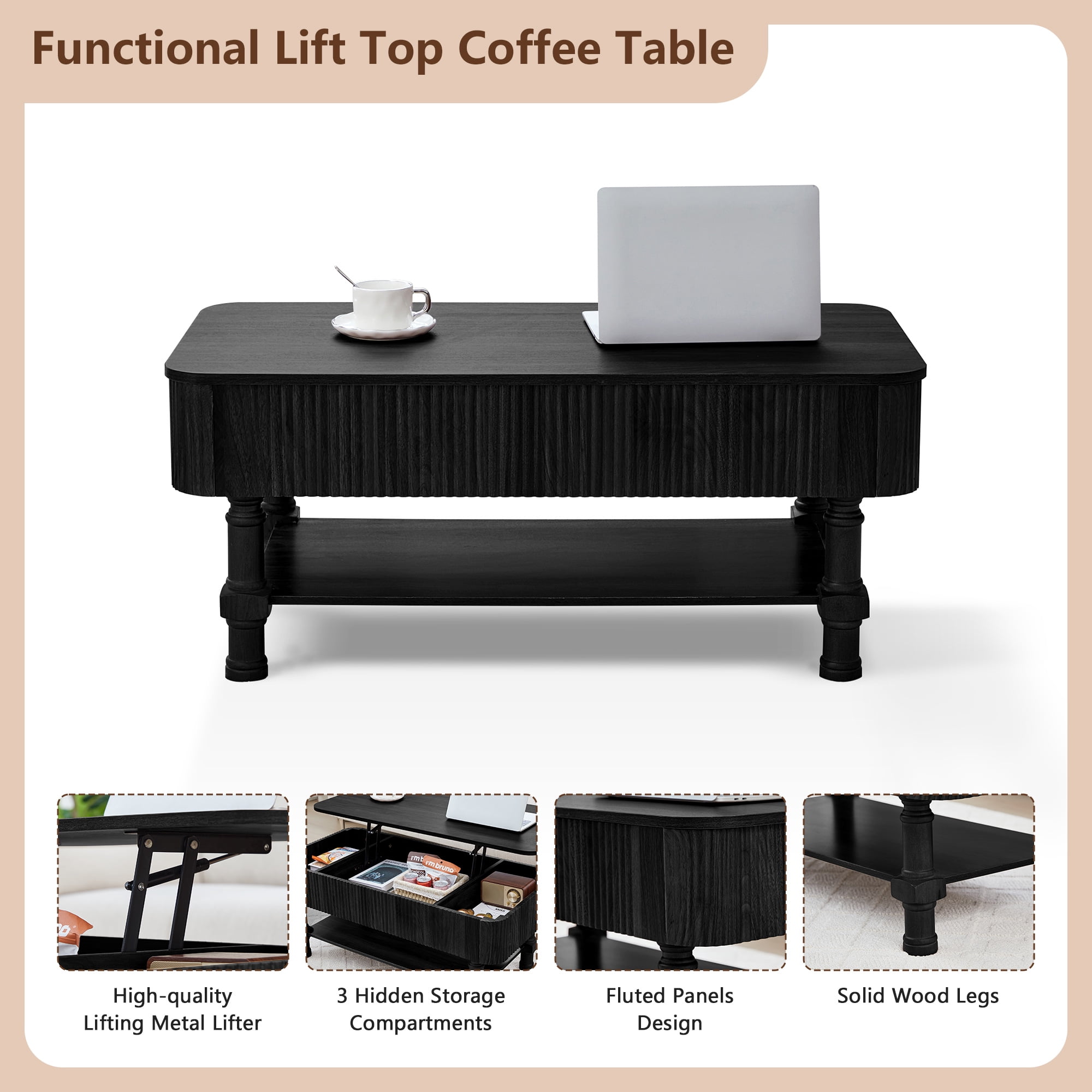 YOCWO Wood Roman Column Lift Top Coffee Table with Storage, Fluted Rectangle Coffee Table with Hidden Compartments for Living Room, Black
