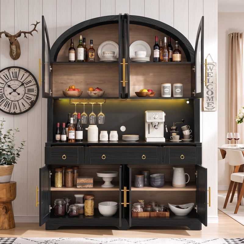 Arched Farmhouse Kitchen Pantry Storage Buffet with LED Light & Charging Station, Bar Cabinet Hutch with Drawers & Glass Holder