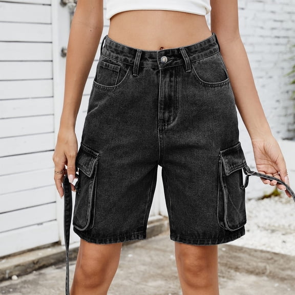 Womens Cargo Jean Shorts High Waisted Straight Leg Loose Jeans Casual Summer Denim Pants with Pockets