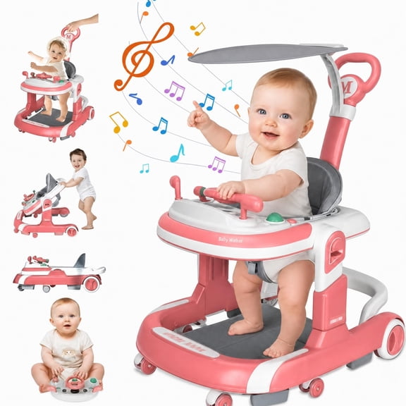 YUCHANG 4 in 1 Baby Walker with Wheels,Push Walker With Music Activity,Foldable and Height Adjustable,Pink