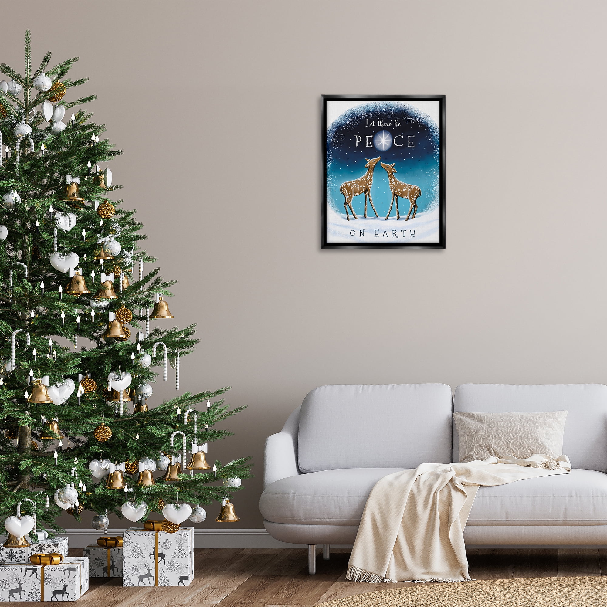 Stupell Industries Peace On Earth Reindeer Holiday Painting Black Floater Framed Art Print Wall Art, 25 x 31