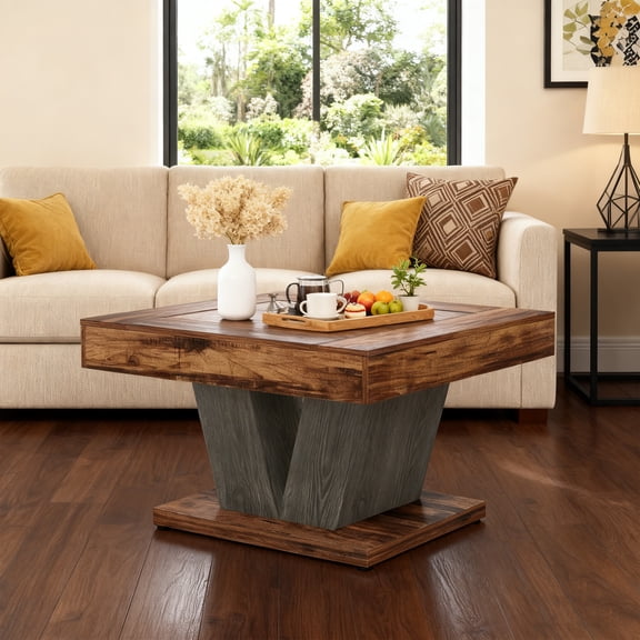KIOOTTO 31.5” Rustic Brown & Black Square Coffee Table: wood-like MDF top, crisscross gray base, 220lbs capacity—spacious for drinks/decor, industrial charm.