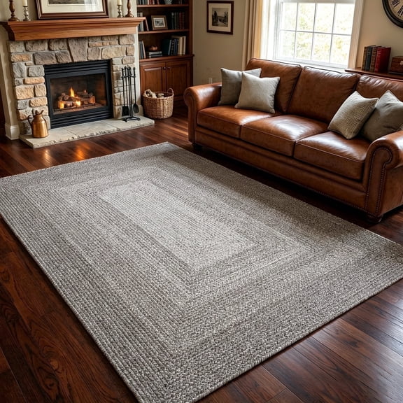 WANLISELL Braided Hand Woven Rug, Braided Harmon Geometric Reversible Area Rug 5.3' x 7.6', Gray / Ivory