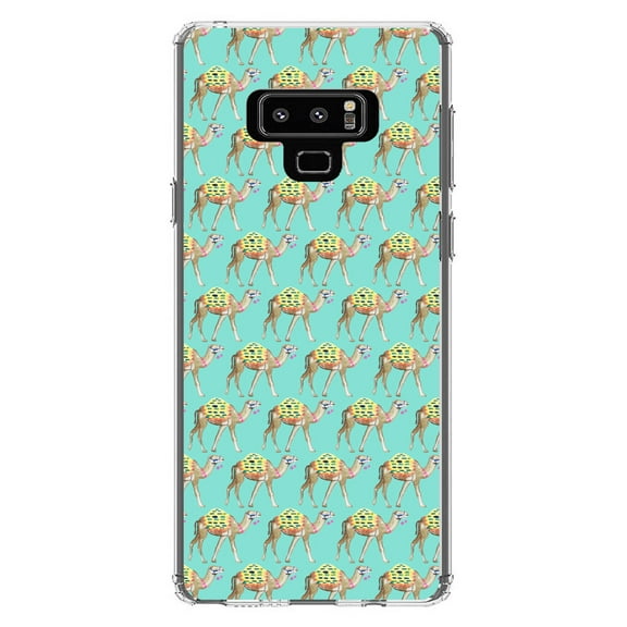 DistinctInk Clear Shockproof Hybrid Case for Samsung Galaxy Note 9 - TPU Bumper, Acrylic Back, Tempered Glass Screen Protector - Preppy Pattern - Camels on Teal Background