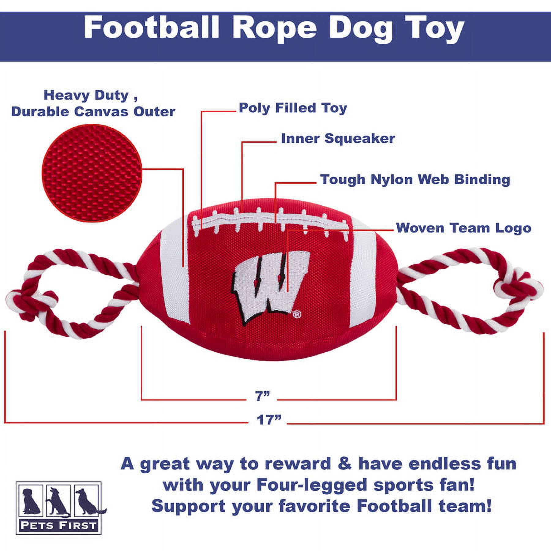 Pets First NCAA Wisconsin Badgers Strong, Durable, Chewable Football Dog Toy with Inner Squeaker and Side Ropes, Officialy Licensed