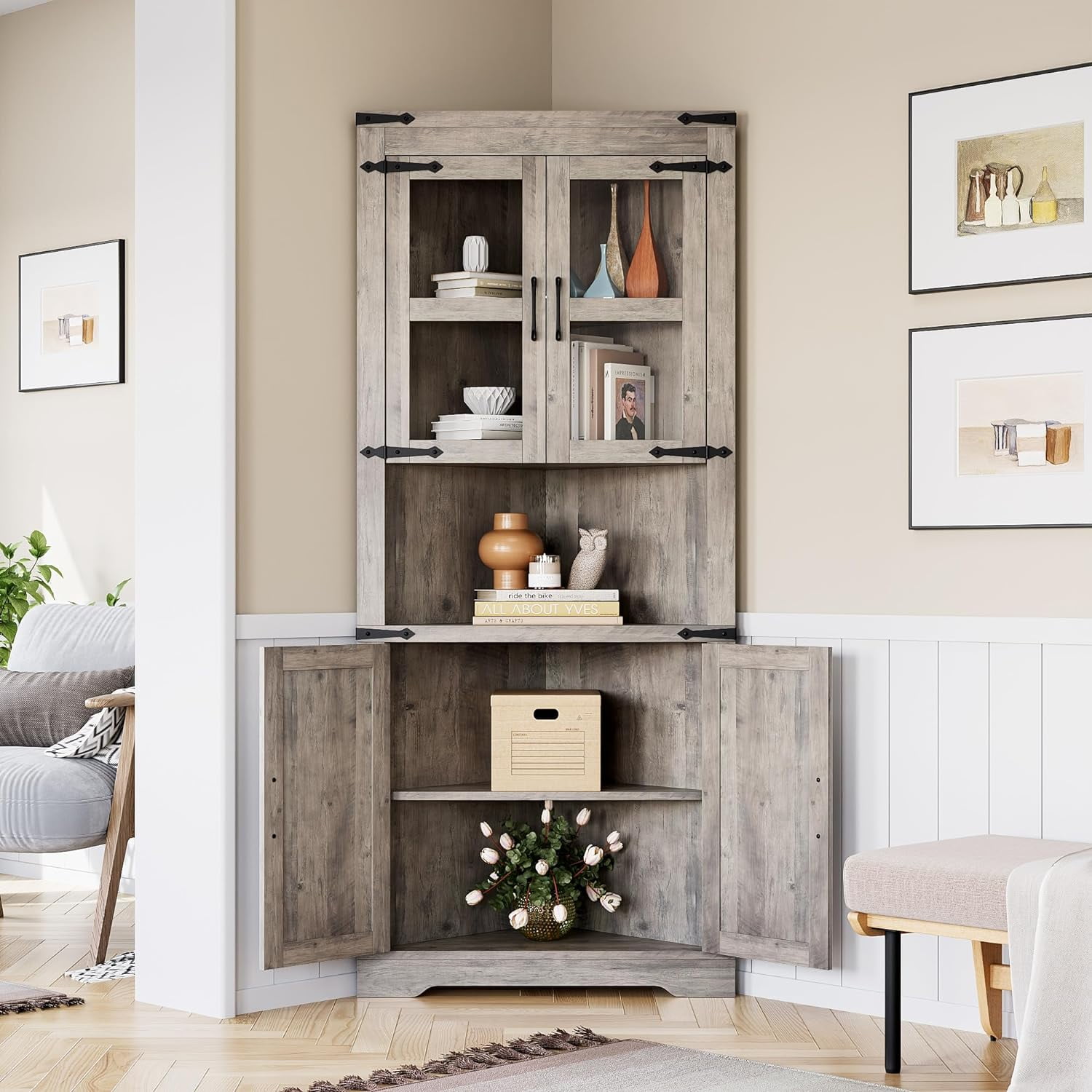 Farmhouse Style Corner Cabinet, 67"H Freestanding Tall Corner Storage Cabinet with Barn Door & Adjustable Shelves, Bathroom Cabinet with Storage for Living Room, Kitchen, Bathroom