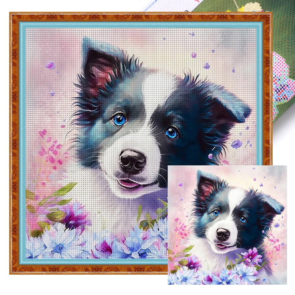 COKYIS Kreuzstich-Set „Border Collie“ – Vorgedruckt, 40x50 Cm, Mit Garn & Zubehör, DIY Für Anfänger