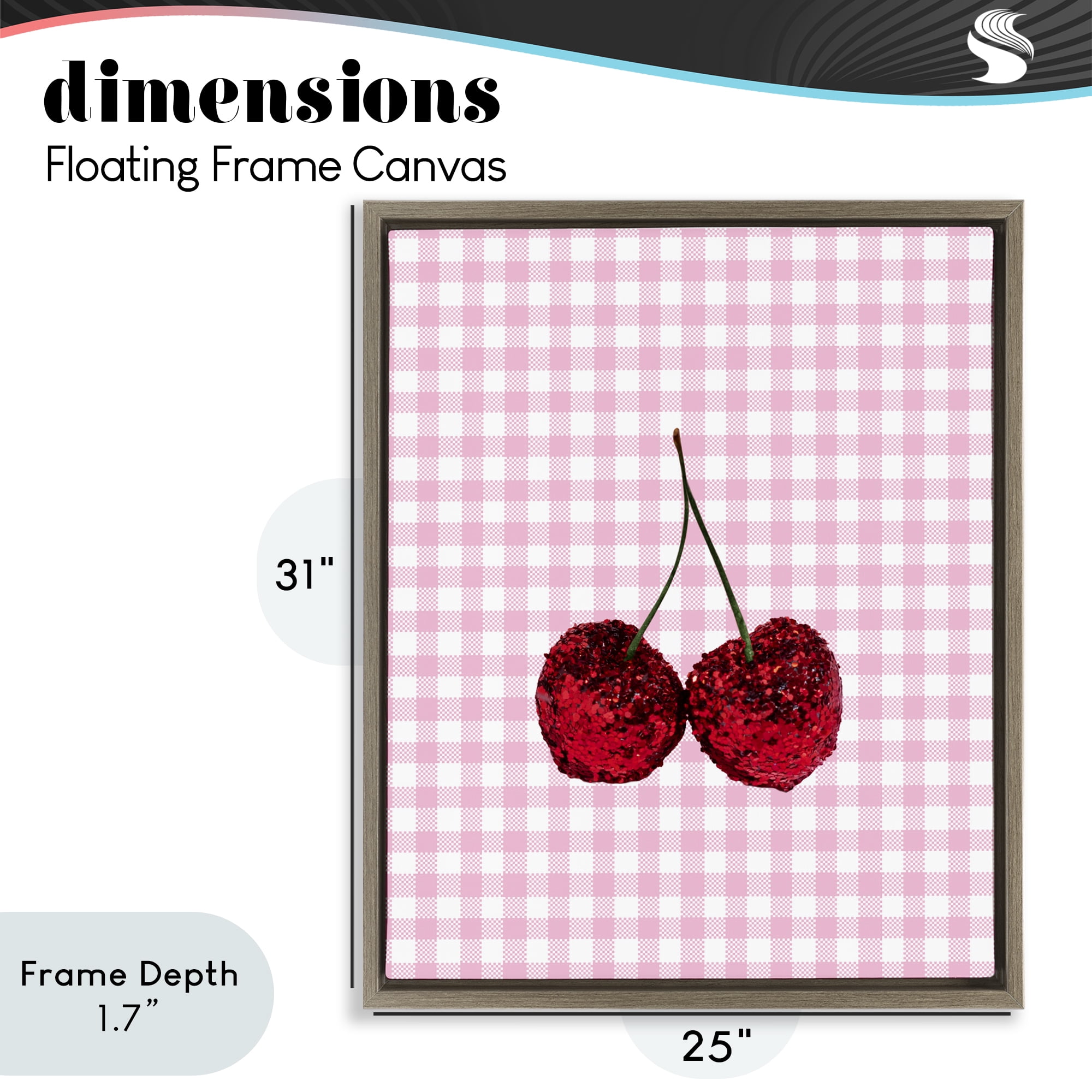Stupell Industries Glitter Cherry on Pink Gingham Brown Framed Floater Canvas Wall Art, design by LISH Creative